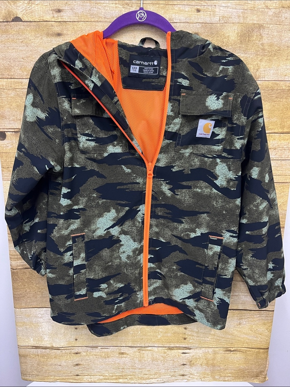 Carhartt Kids' Olive Camo Hooded Jacket with Orange Lining Size Small (7-8)